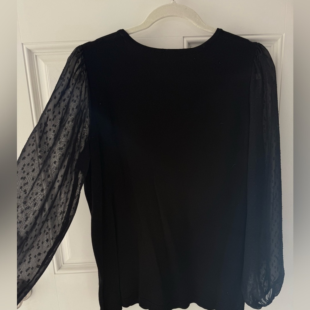 Elegant top/light sweater. Sheer long sleeves. Elastic cuffs. Size 1X. Black